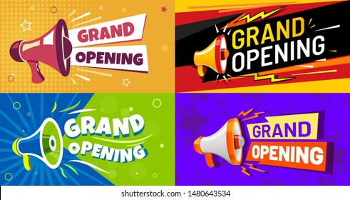 Grand opening banners. Invitation card with megaphone speaker, opened event and opening celebration advertising flyer. Premium invitations to store open ceremony, announcement card vector set