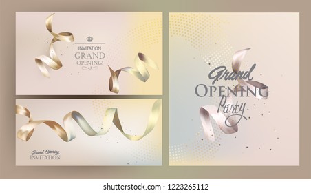 Grand opening banners with levitating ribbons. Gold and silver. Vector illustration