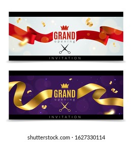 Grand opening banners. Luxury festive invitation card with red and golden ribbons with scissors, ceremony celebration colorful presenting flyer vector set