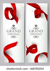 Grand opening banners with realistic red silk ribbon and gold confetti. Vector illustration