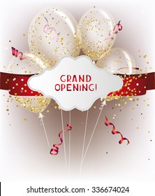 Grand Opening Banners With Red Ticker Tape And Transparent Air Balloons With Gold Confetti Inside