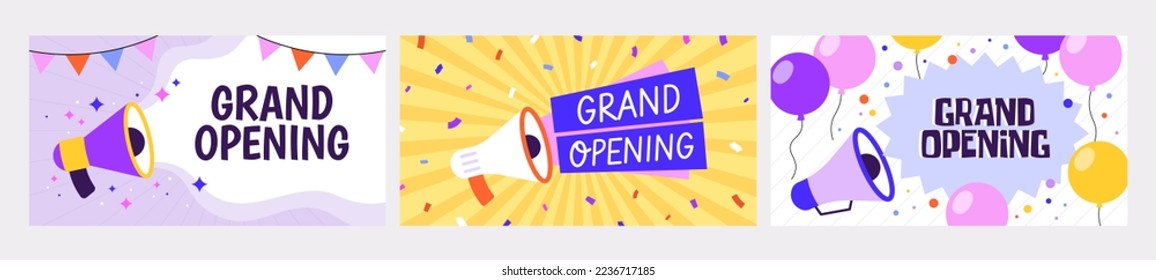 Grand opening banners set. Vintage announcement design, startup poster with speaker megaphone. Store or cafe, business racy vector event invitation