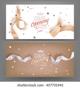 Grand opening banners with silk pastel toned ribbons. Vector illustration