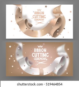 Grand opening banners with silk pastel toned ribbons. Vector illustration