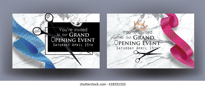 Grand opening banners with sparkling curly ribbons, scissors and marble background. Vector illustration