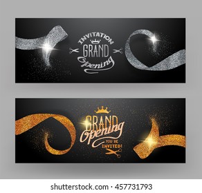 Grand opening banners with sparkling gold and silver ribbons