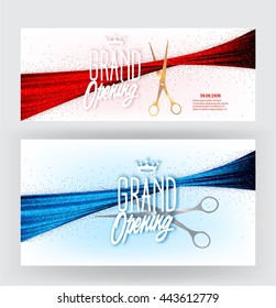 GRAND OPENING banners with sparkling ribbons  and scissors