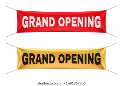 Grand opening banners. Vector gold red realistic hanging fabric mockup set. Announcement for business grand open illustration