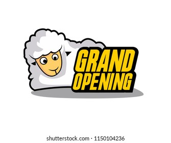 grand opening, beautiful greeting card or label with sheep cartoon or farm theme, vector background, poster or banner