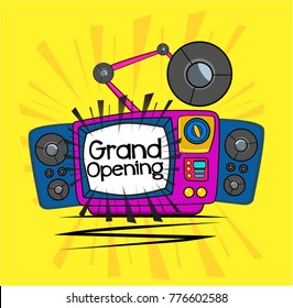 Grand Opening, Beautiful greeting card poster with vintage and comic or cartoon style