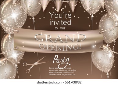 Grand opening beige background with banner, air balloons and flags. Vector illustration