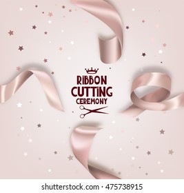 Grand opening beige  invitation card with realistic silk ribbon and confetti. Vector illustration