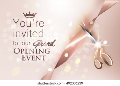 Grand Opening Beige Invitation Card With Satin Ribbon And Scissors. Vector Illustration