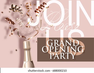 Grand opening beige invitation card with bottle of champagne and serpentine. Vector illustration