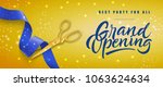 Grand opening, best party for all festive banner design with gold scissors cutting blue ribbon on yellow sparkling background. Lettering can be used for invitations, signs, announcements