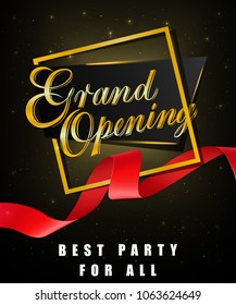 Grand opening, best party for all festive poster design with gold frame and red waved ribbon on black background. Template can be used for signs, announcements, banners.