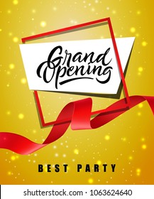 Grand opening, best party festive poster design with frame and red waved ribbon on yellow sparkling background. Template can be used for signs, announcements, banners.