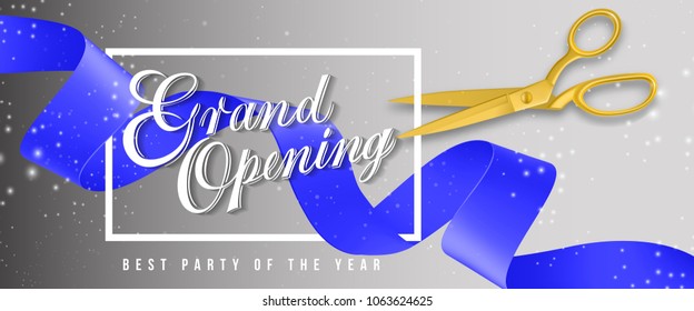 Grand opening, best party of the year sparkling banner design with frame, gold scissors and blue waved ribbon on gray background. Template can be used for signs, announcements, posters.