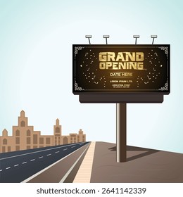 Grand Opening Billboard on Roadside with Cityscape Background