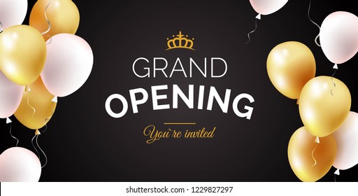 Grand opening black banner with golden and white balloons. Vector illustration