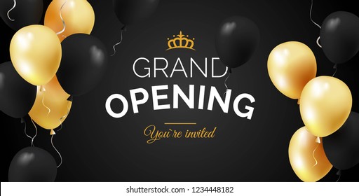 Grand opening black banner with golden and black balloons. Vector illustration