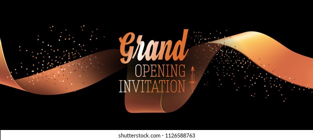 Grand opening black invitation card design with gold ribbon and confetti. Festive template can be used for banners, flyers, posters.