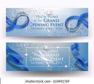 Grand opening blue banners with frame and curly ribbons. Vector illustration