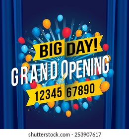 Grand opening with blue curtain background. Vector illustration