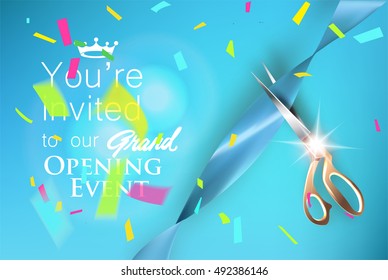 Grand opening blue invitation card with satin ribbon, colorful confetti and scissors. Vector illustration