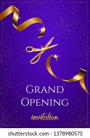 Grand opening blue invitation vector banner. Mall, store sales promotional poster. Shiny scissors cutting golden ribbon 3D realistic illustration. Serpentine with gradient effect. Advertising campaign