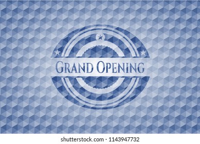 Grand Opening blue polygonal badge.