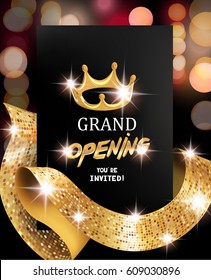 Grand opening blurred background with gold textured curly ribbon. Vector illustration
