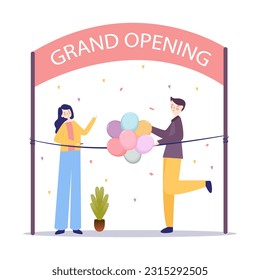 Grand opening boy and girl cut rope ceremony startup launch celebration decoration entertainment party