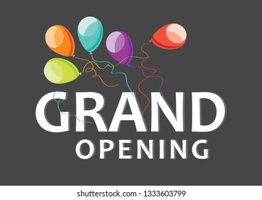 Grand opening is a bright original logo with colored transparent festive balloons on a dark background. Vector illustration - vector