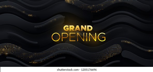 Grand Opening. Business startup ceremony. Vector illustration. Marketing event label. Abstract background with black paper shapes and golden glittering strass. Announcement banner template.