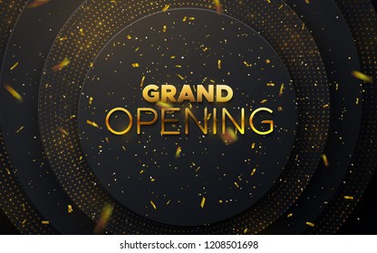 Grand Opening. Business Startup Ceremony. Vector Illustration. Marketing Event Label. Abstract Background With Black Circle Layers And Golden Glittering Strass. Announcement Banner Template.