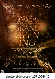 Grand Opening. Business startup ceremony. 
Golden snowflake, golden floral ornament, light effect on brown background. Elements are layers separately in vector file. EPS 10
