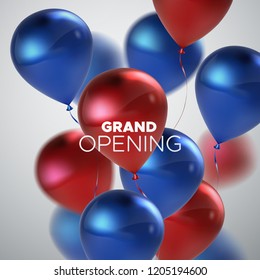 Grand Opening. Business startup open ceremony. Vector illustration. Marketing event label. Abstract background with flying red and blue balloons. Announcement banner template.