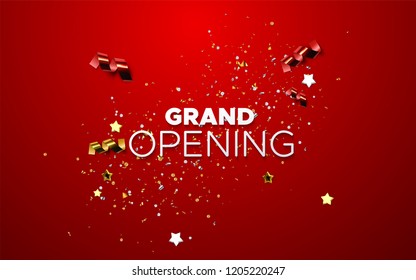 Grand Opening. Business startup open ceremony. Vector illustration. Marketing event label. Abstract background with colorful sparkling confetti tinsel. Announcement banner template.
