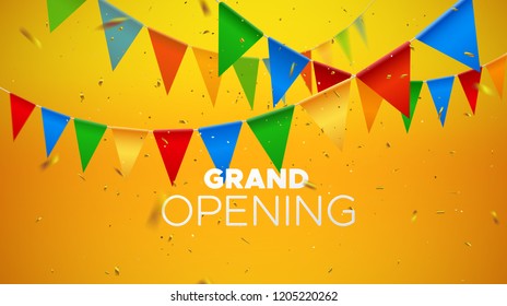 Grand Opening. Business startup open ceremony. Vector illustration. Marketing event label. Abstract background with colorful bunting flags and sparkling confetti. Announcement banner template.