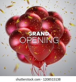 Grand Opening. Business startup open ceremony. Vector illustration. Marketing event label. Abstract background with flying red balloons and golden sparkling confetti. Announcement banner template.