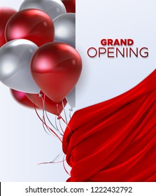 Grand Opening. Business startup open ceremony. Vector illustration. Marketing event label. Abstract background with flying balloons and silky red fabric. Announcement banner template.