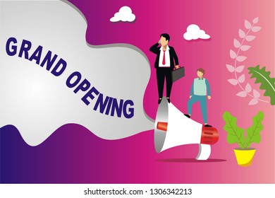 grand opening bussiness concept vector illustration with megaphone and team work for landing page