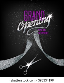 Grand Opening card with abstract silver ribbon and scissors
