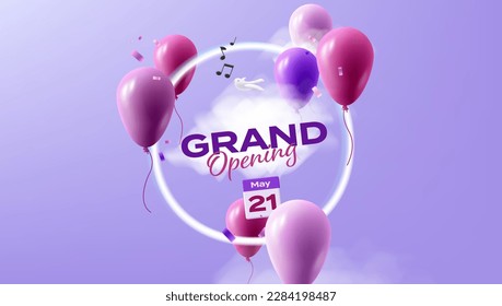 Grand Opening Card with Balloons and neon circle with calendar and date and spring bird singing melody, in violet colors