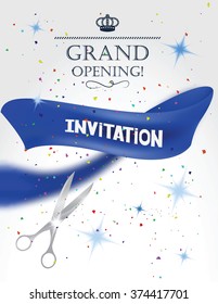 Grand opening card with blue ribbon, scissors and confetti