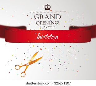 Grand opening card with confetti,  bired ribbon and gold scissors