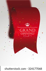 Grand opening card with confetti, red ribbon