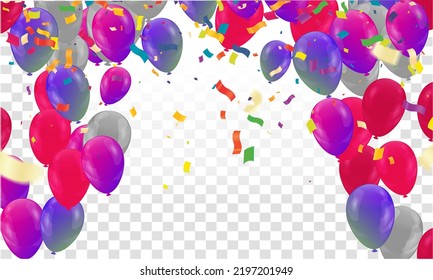Grand opening card design with balloons and ribbon with confetti,  Multicolored Anniversary Illustration