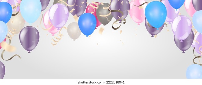 Grand opening card design with balloons  blue and purple ribbon with confetti,  Multicolored Anniversary Illustration